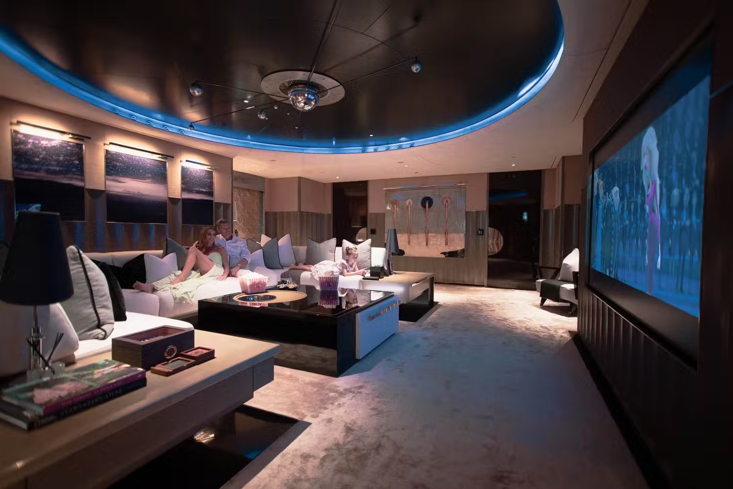 Modern corridor with turquoise textured walls, contemporary lighting and minimalist yacht passage design.